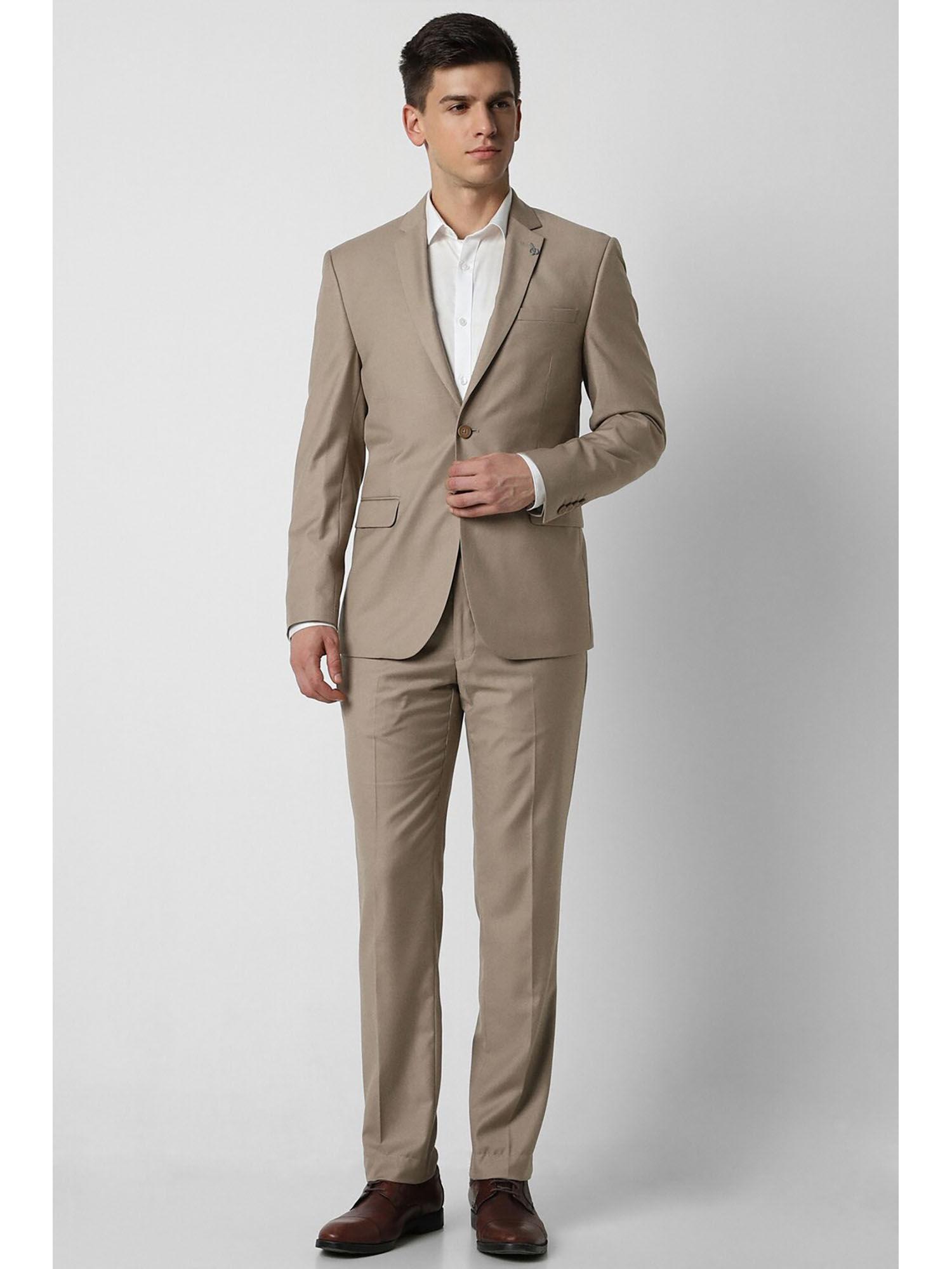 men brown solid slim fit formal two piece suit (set of 2)
