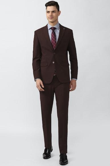men brown solid slim fit formal two piece suit