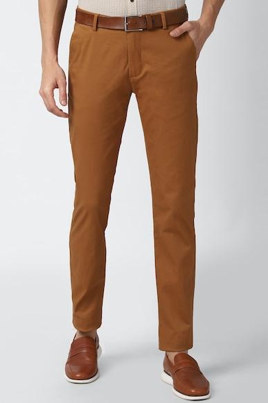 men brown solid super slim fit casual trousers