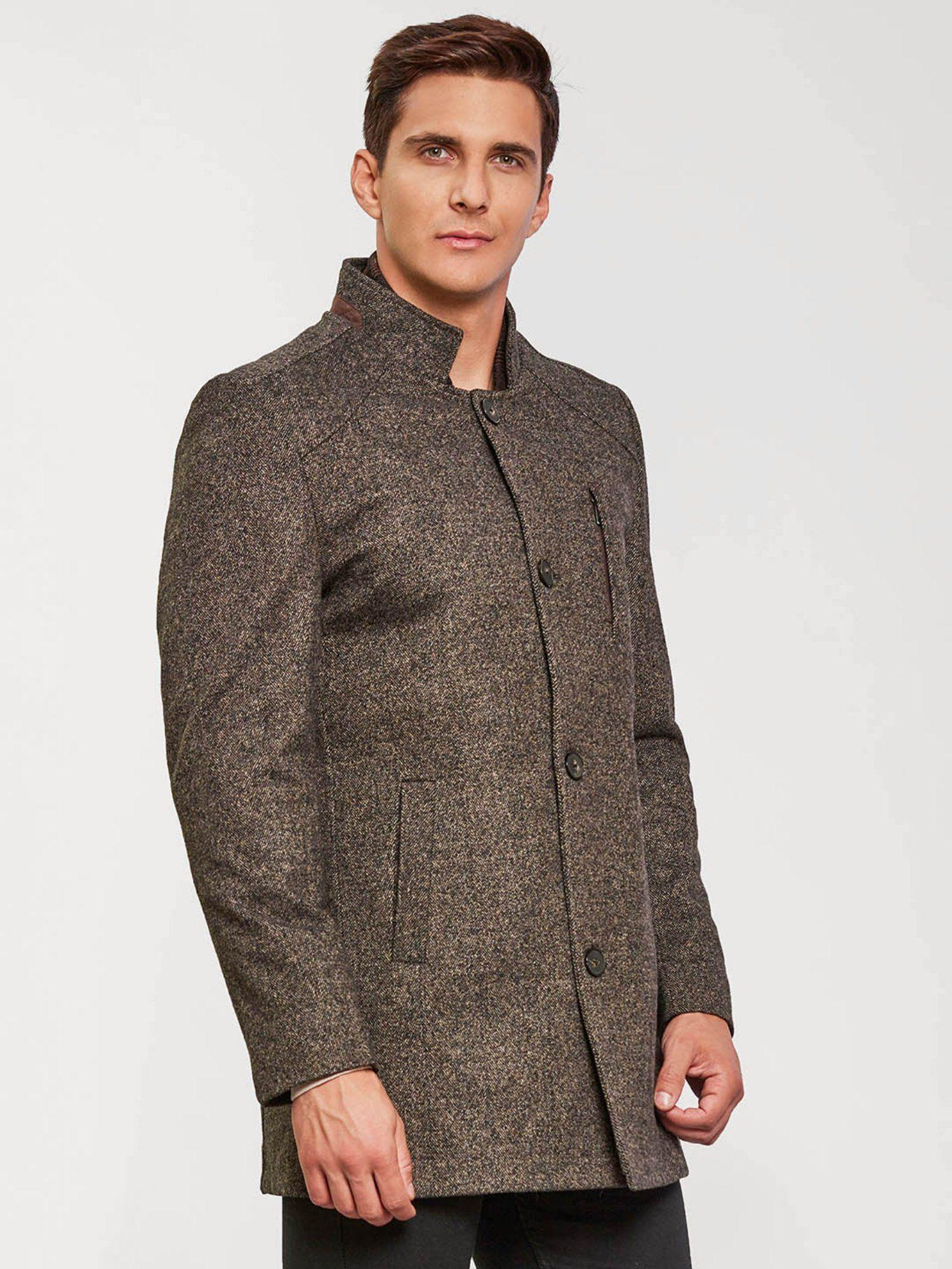 men brown solid winter overcoat