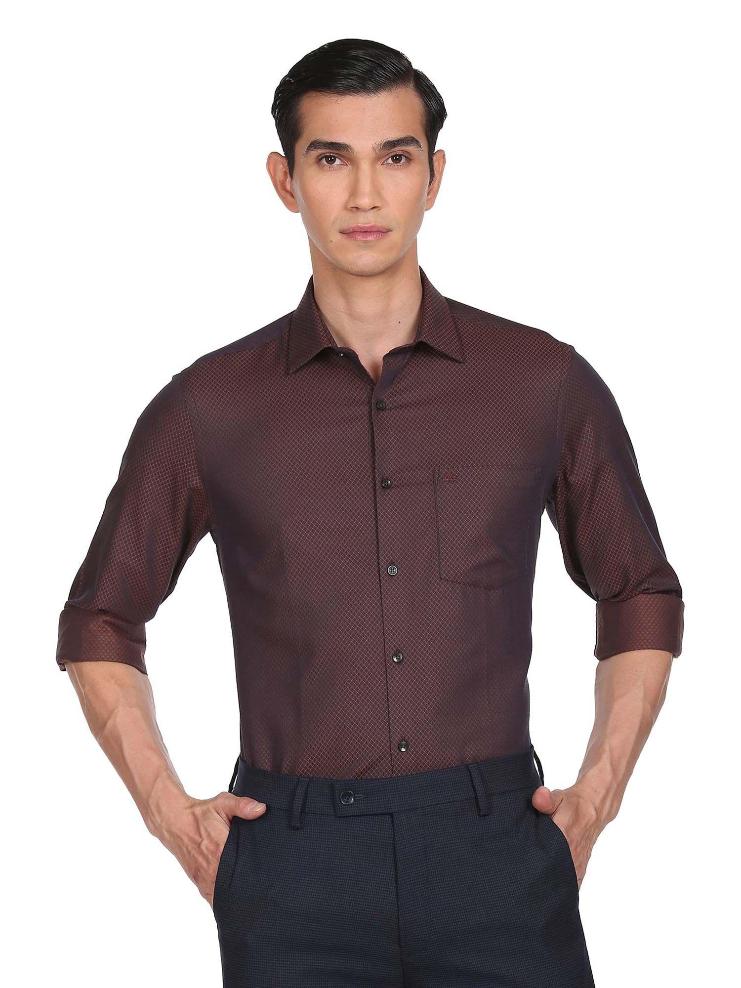 men brown spread collar patterned casual shirt