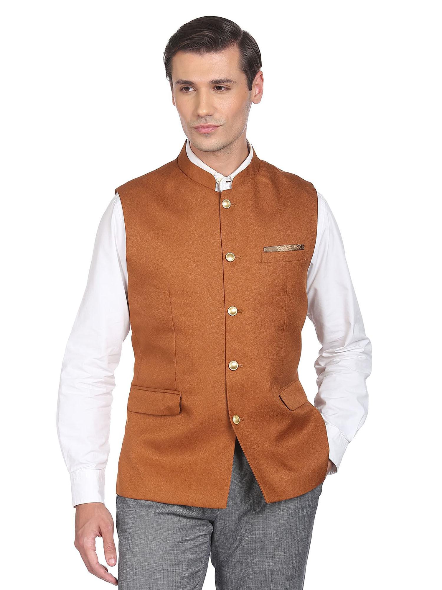 men-brown-textured-tailored-regular-fit-nehru-jacket