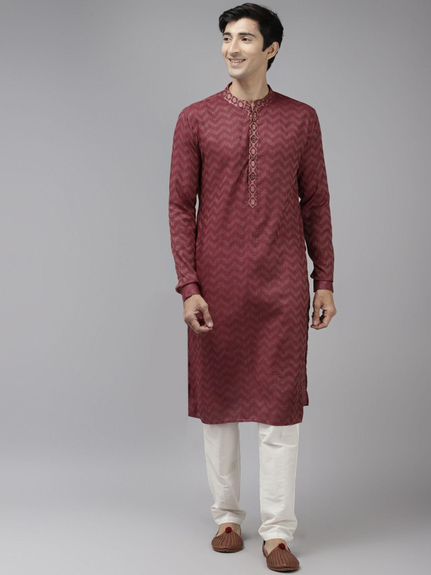 men burgundy & beige woven design thread work kurta with pyjama (set of 2)
