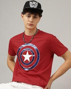 men captain america print regular fit crew-neck t-shirt