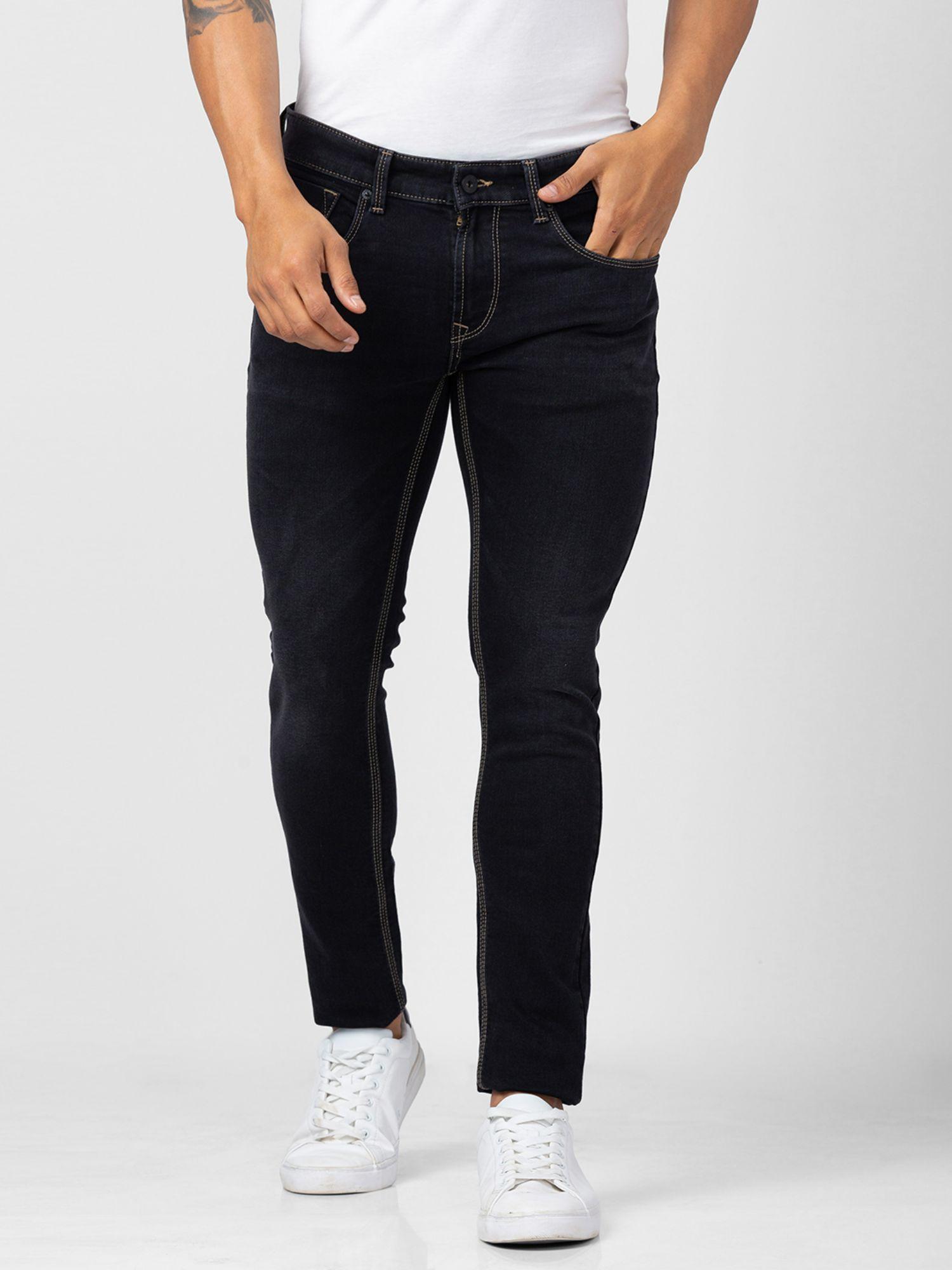 men carbon black cotton super slim fit tapered length jeans (super skinny)