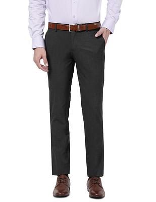 men charcoal mid rise solid formal trousers