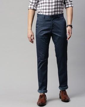 men checked flat-front slim fit trousers