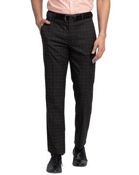 men checked regular fit flat-front trousers