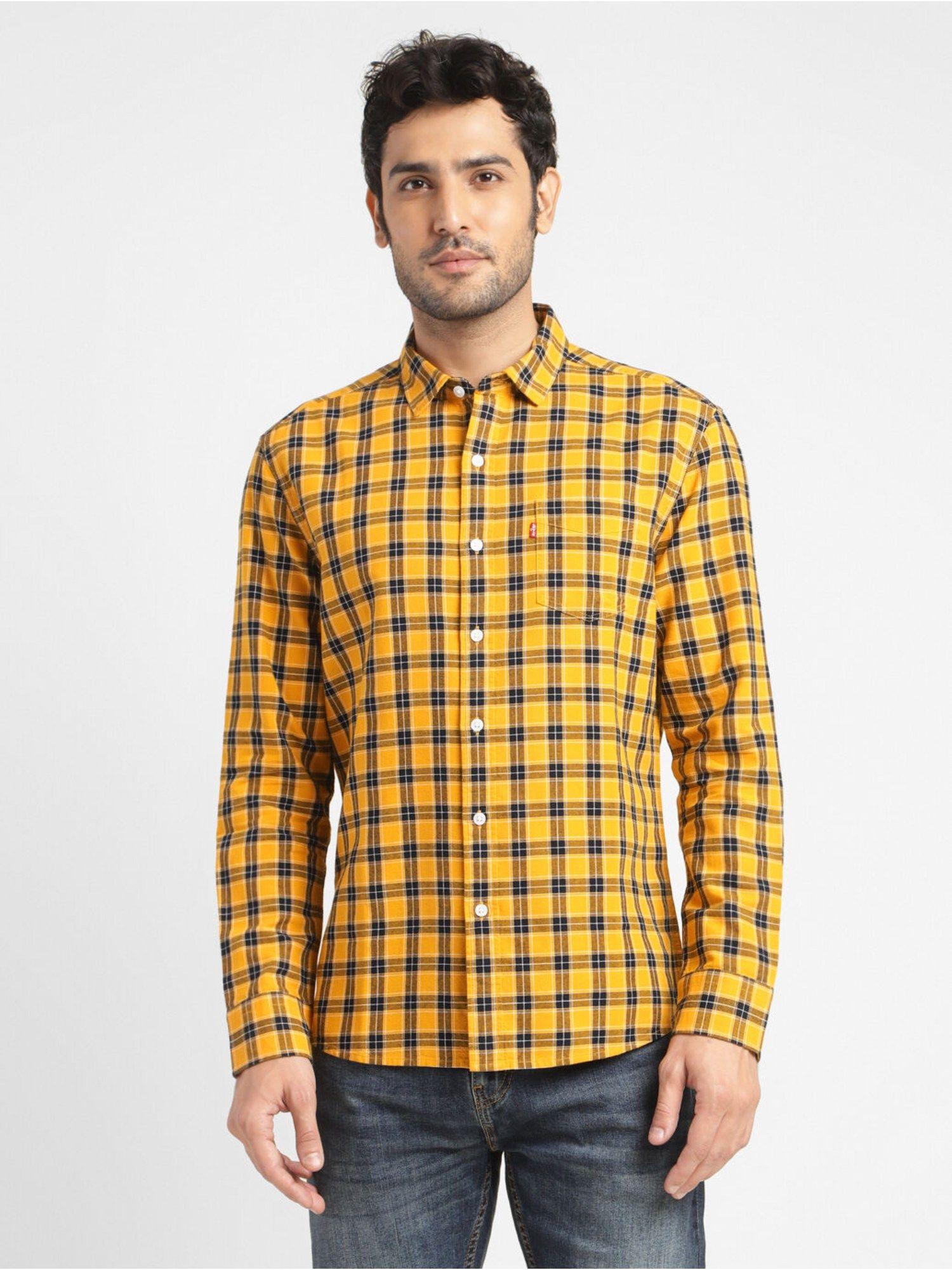 men checkered yellow slim shirt