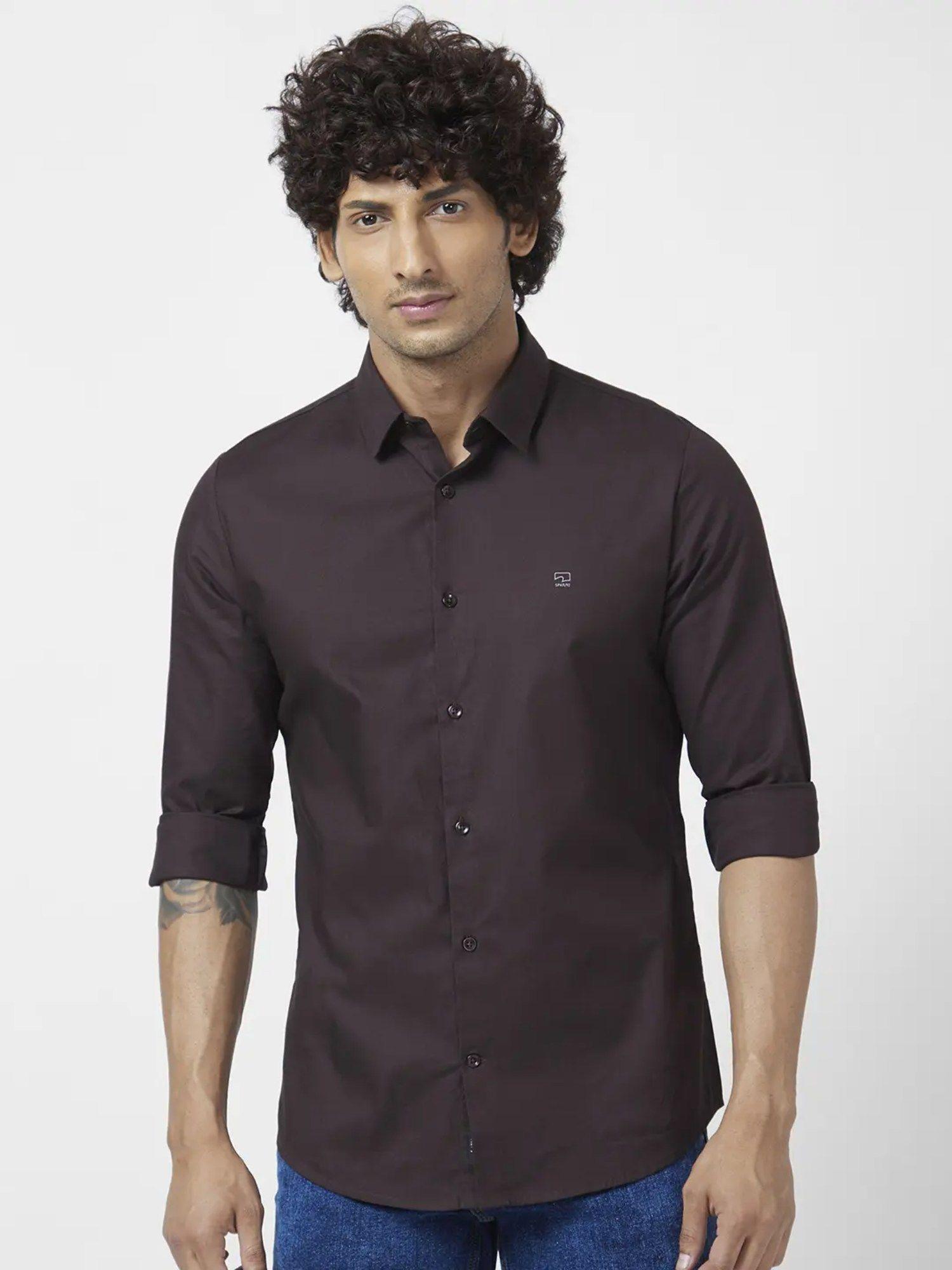 men coffee brown dyed regular slim fit full sleeve plain shirt