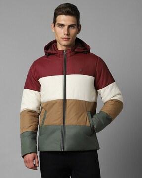 men colourblock regular fit puffer hooded jacket