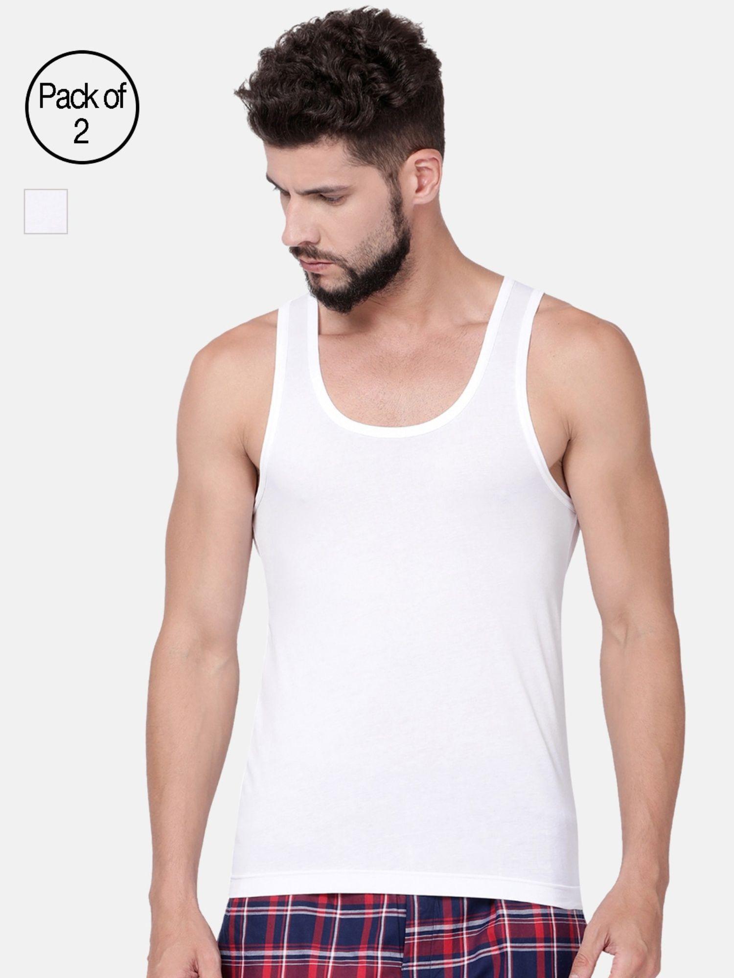 men cotton 100 ca classic solid white vest- modern fit (pack of 2) multi-color