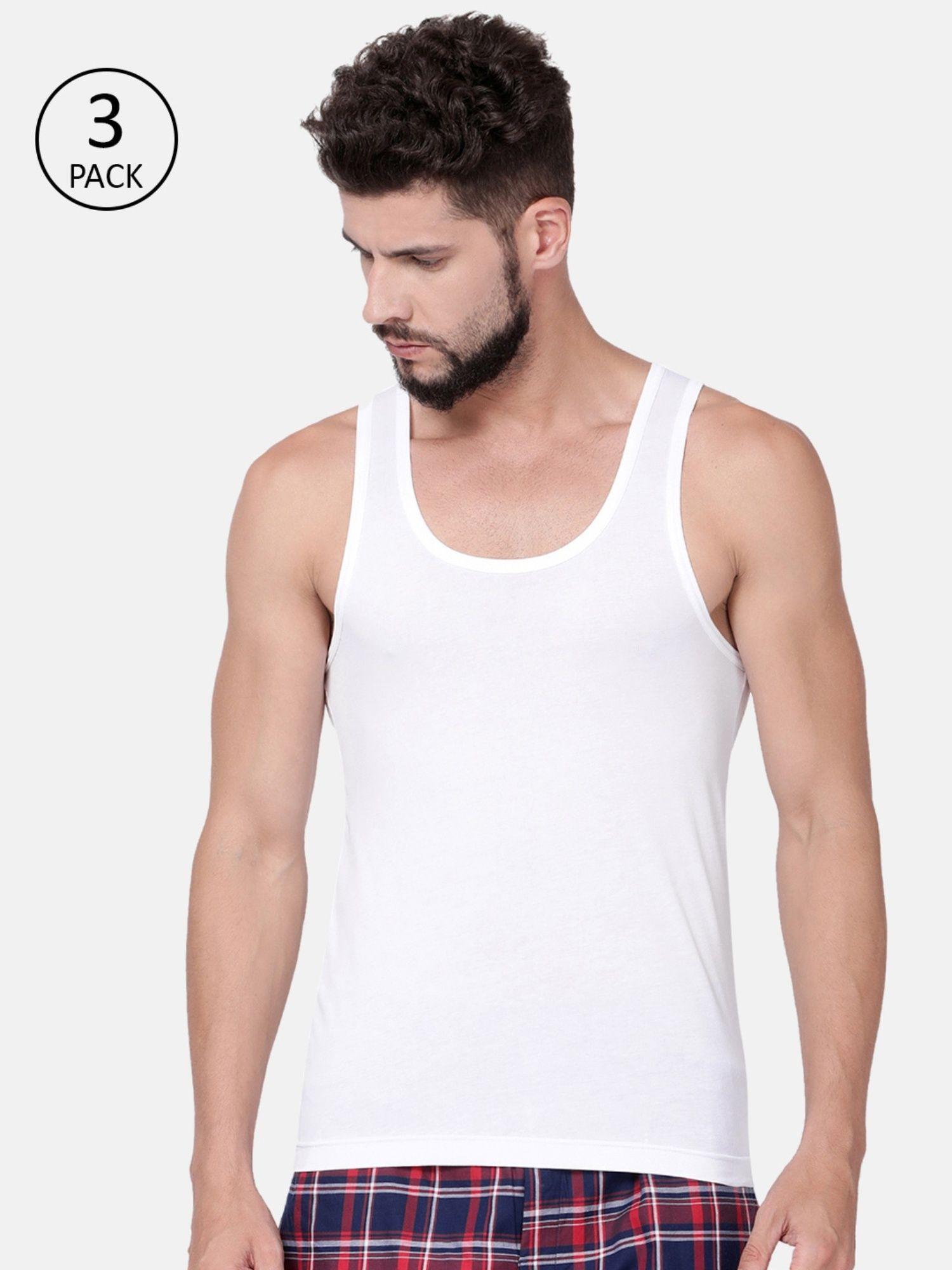 men cotton 100 ca classic solid white vest- modern fit (pack of 3) multi-color