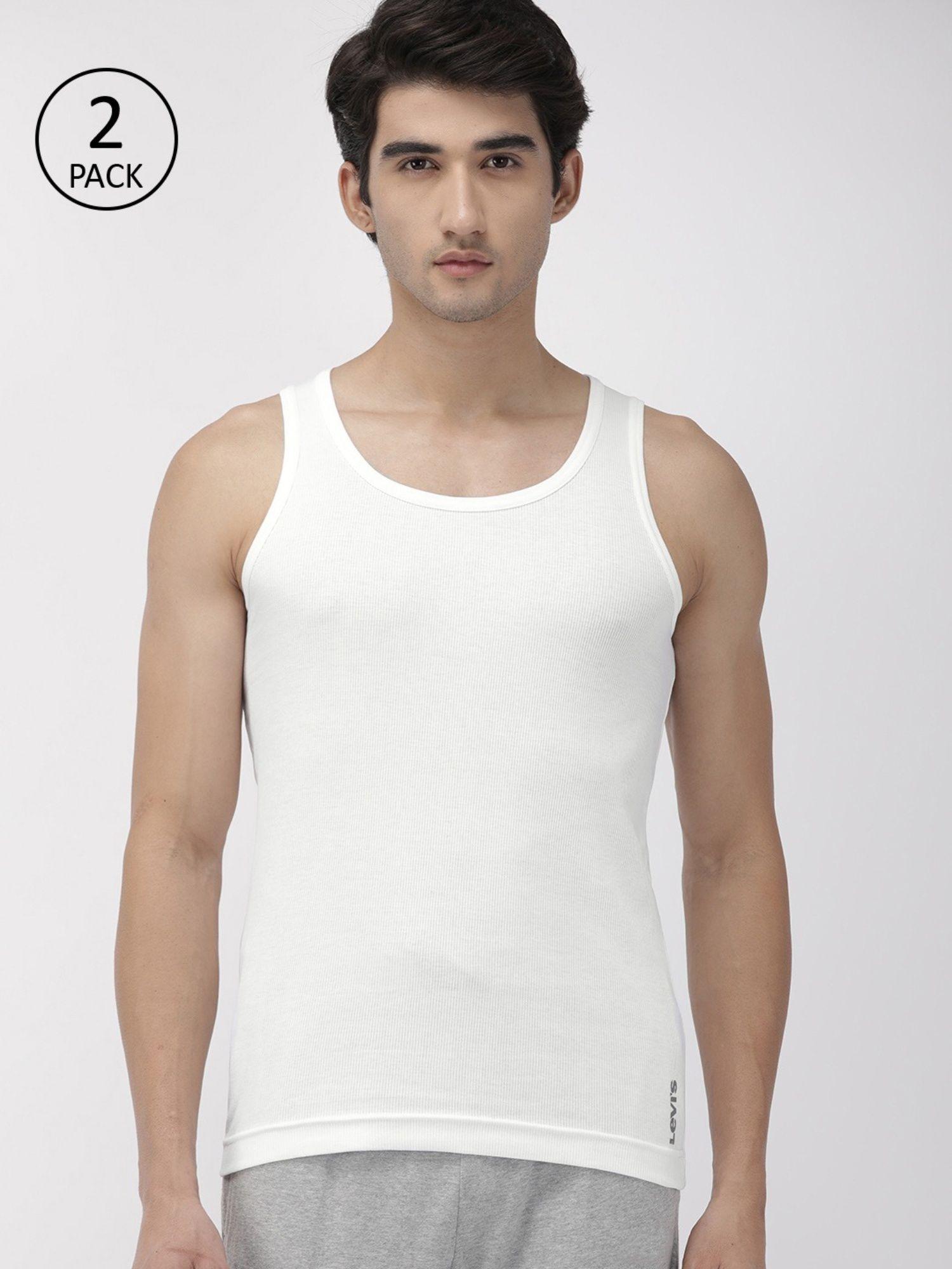 men cotton 100 ca solid rib white vest- snug fit (pack of 2) multi-color