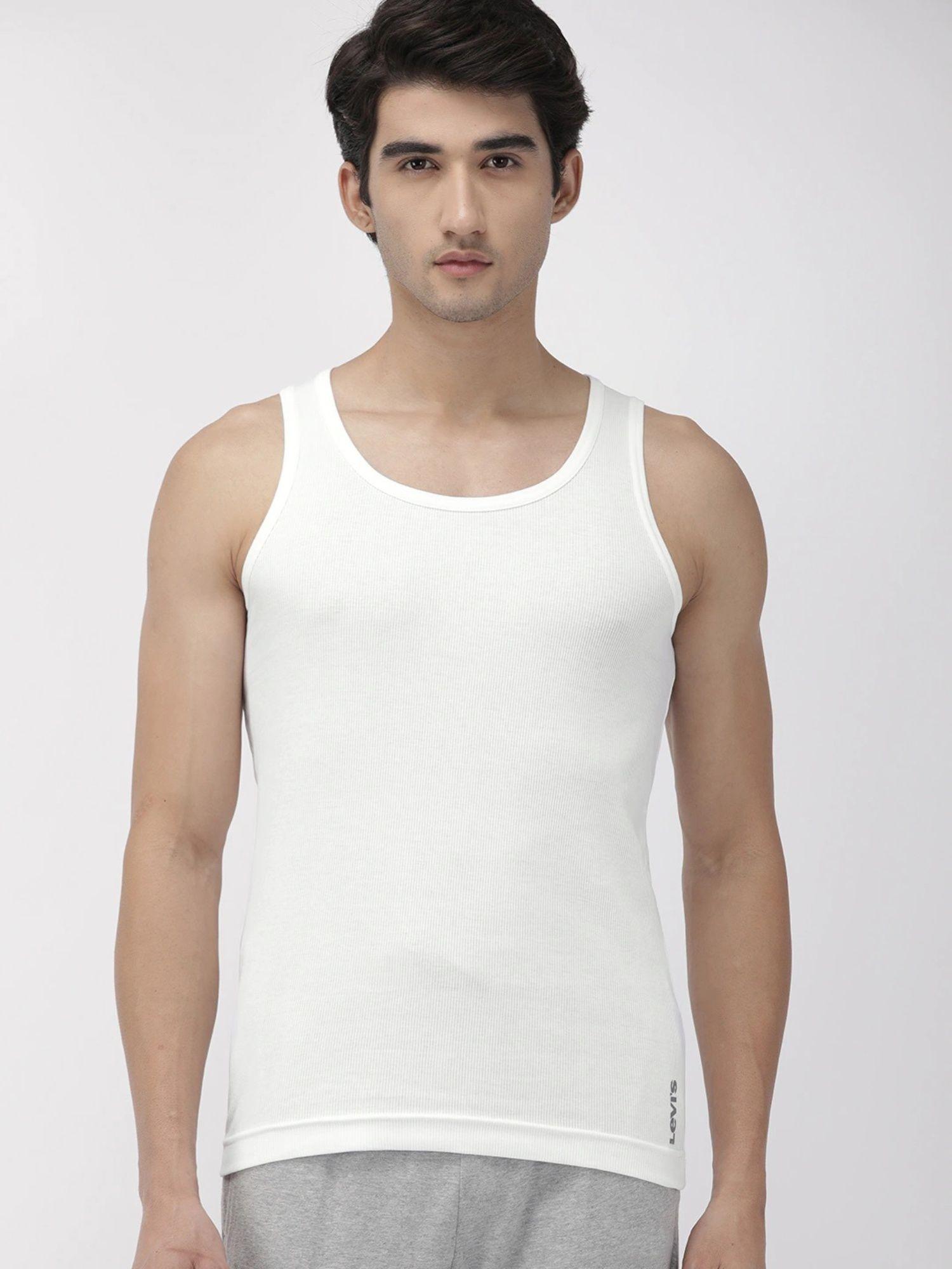 men cotton 100 ca solid rib white vest- snug fit white