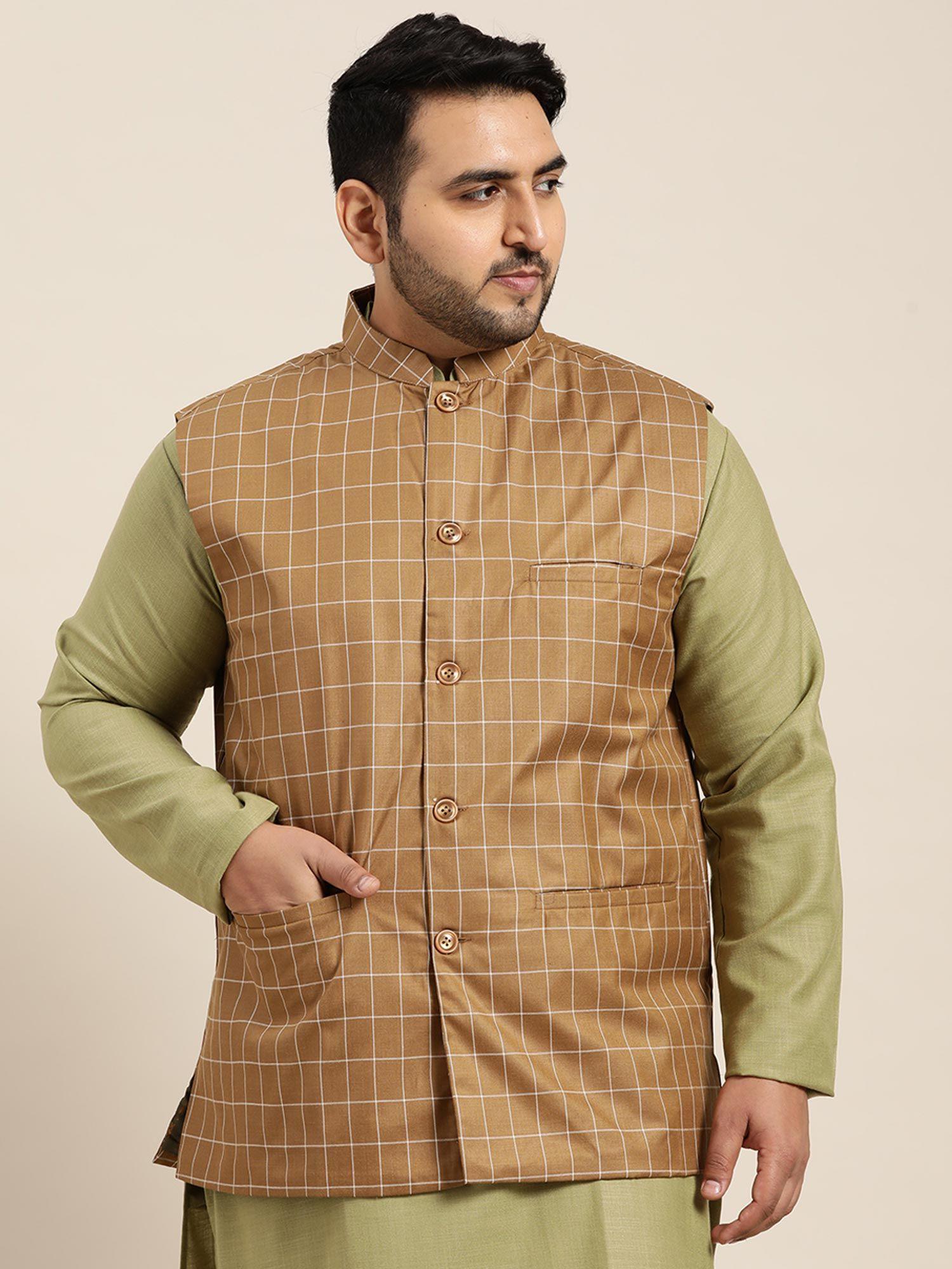 men cotton blend brown checked nehru jacket
