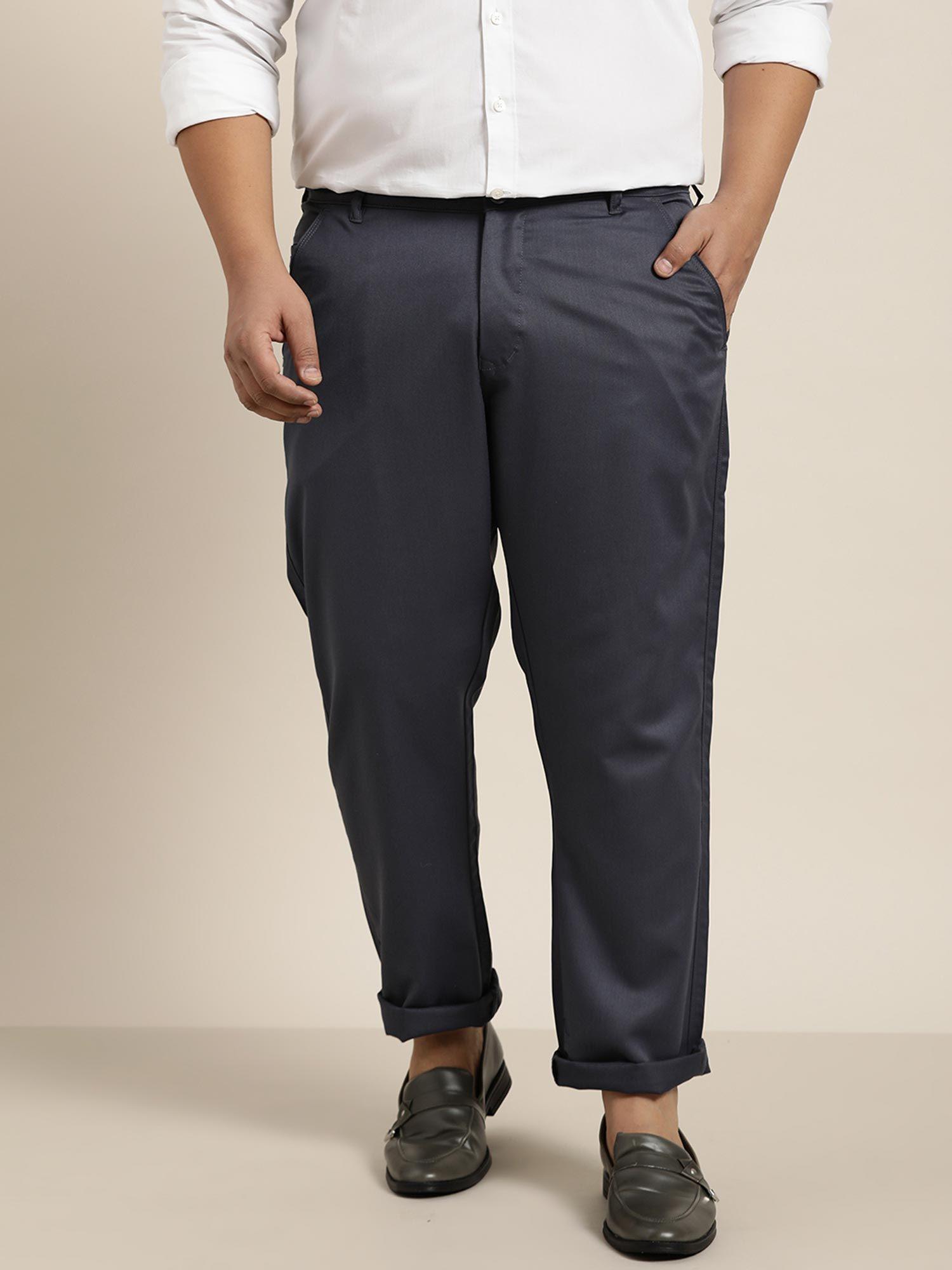 men cotton blend charcoal grey solid trousers
