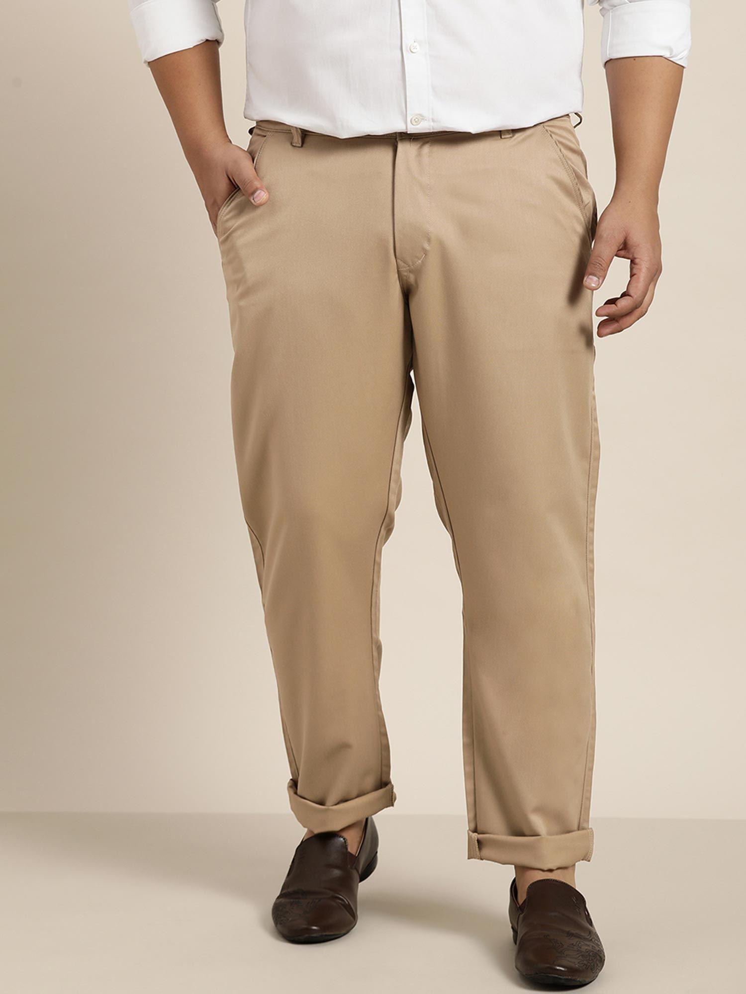 men cotton blend khaki solid trousers