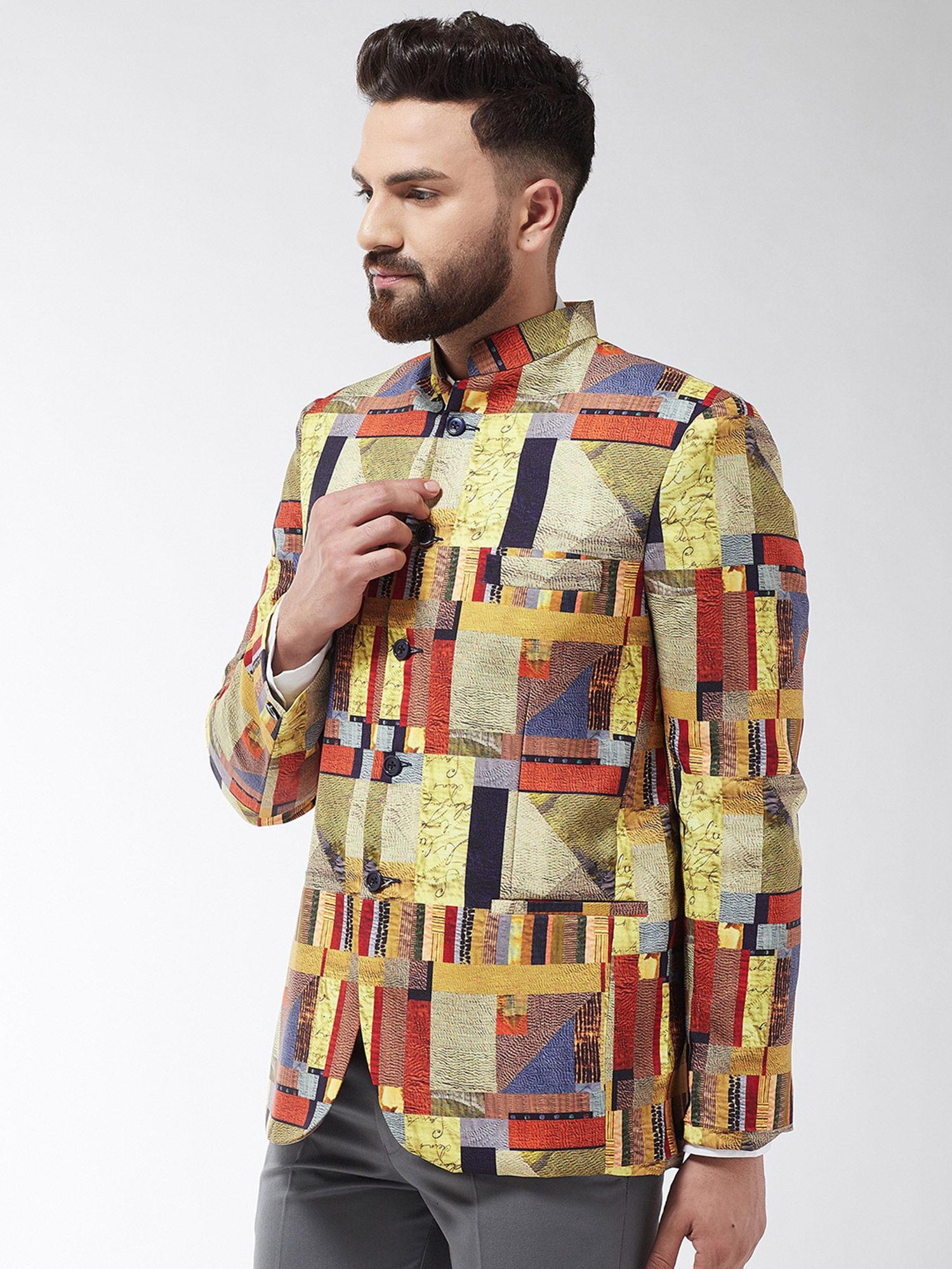 men cotton blend multicolored geometric printed blazer