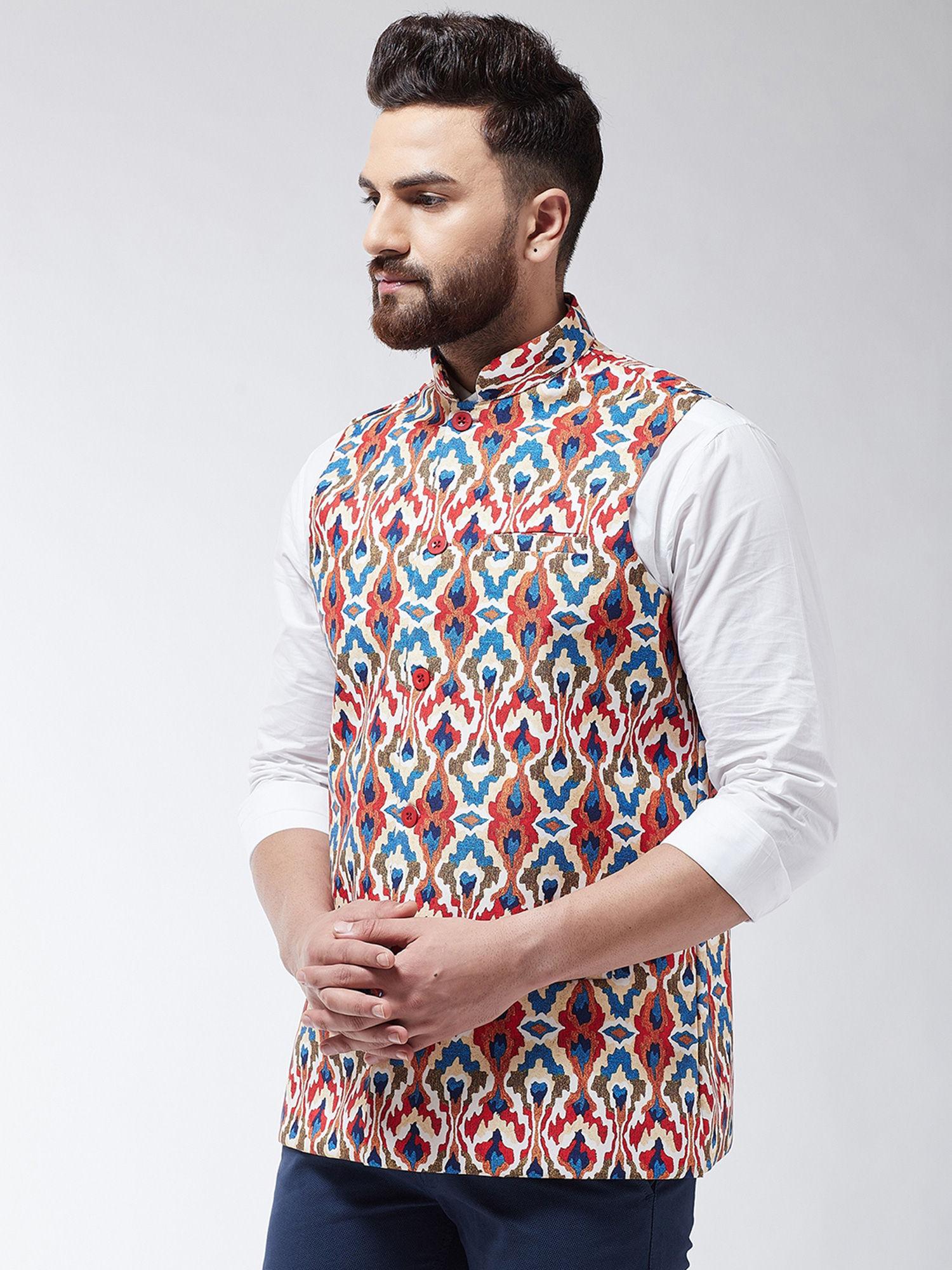 men cotton blend multicolored printed waist coat