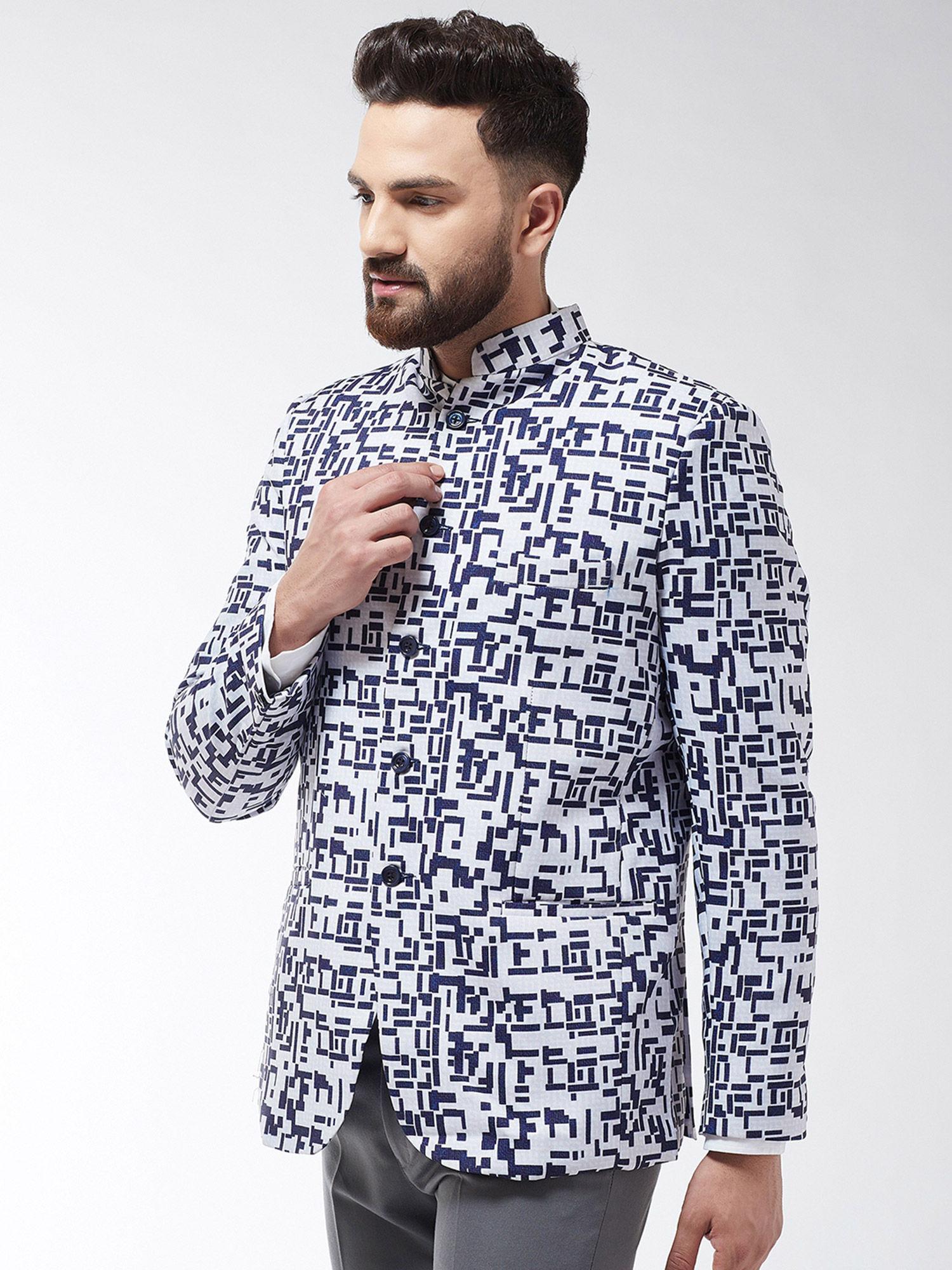 men cotton blend navy blue & off white abstract printed blazer
