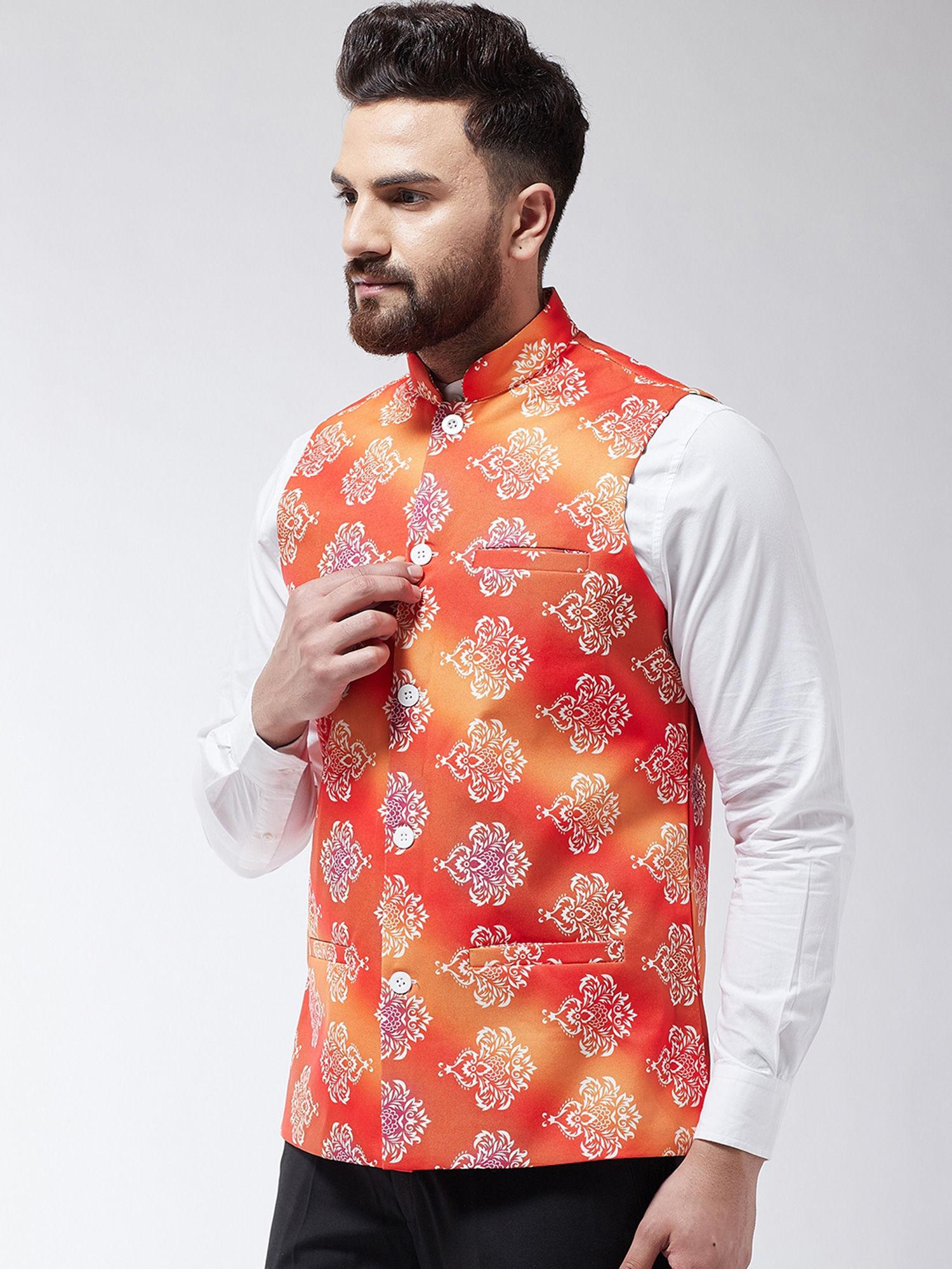 men cotton blend orange & off white printed waist coat