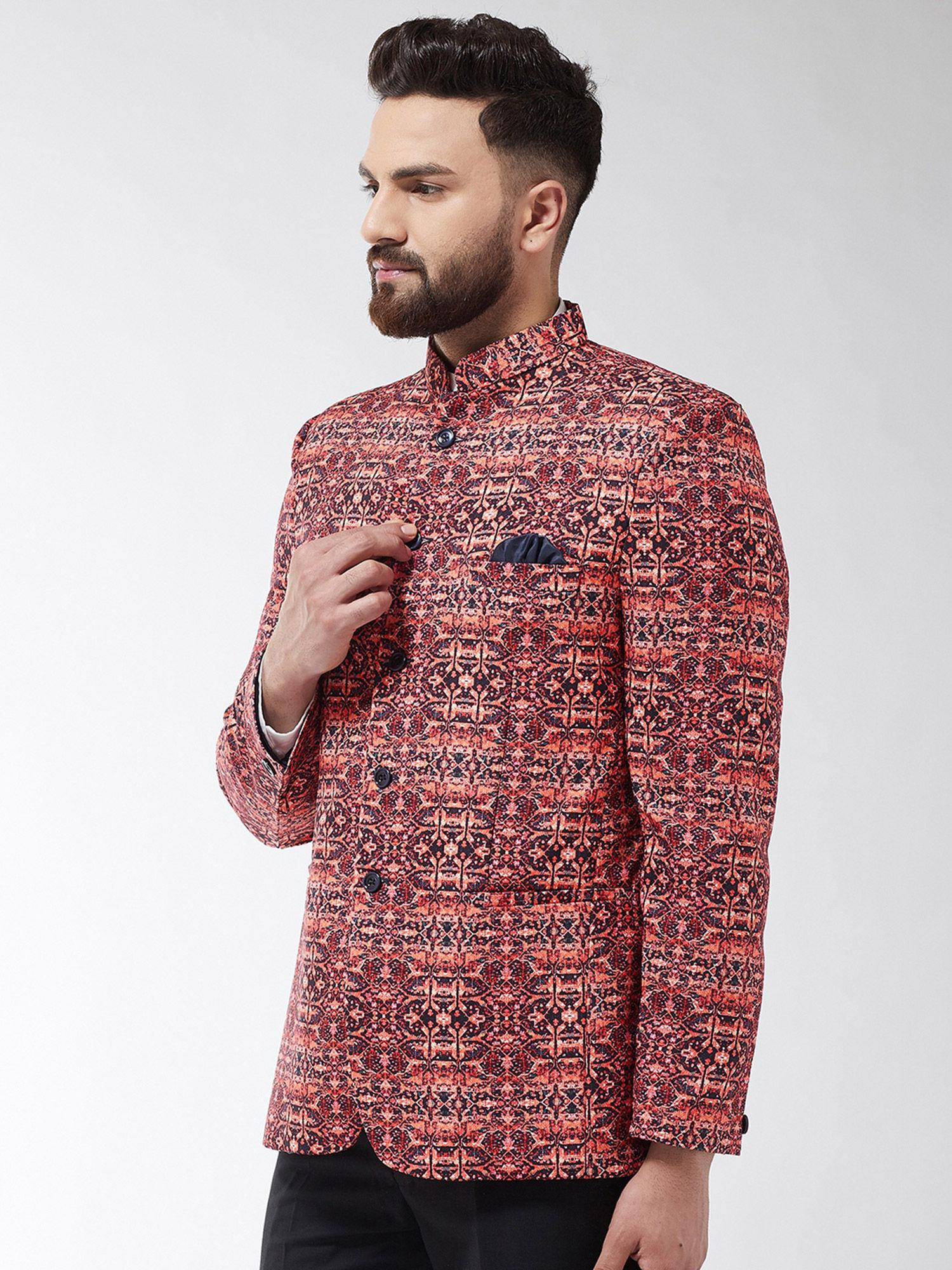 men cotton blend red & multi printed blazer