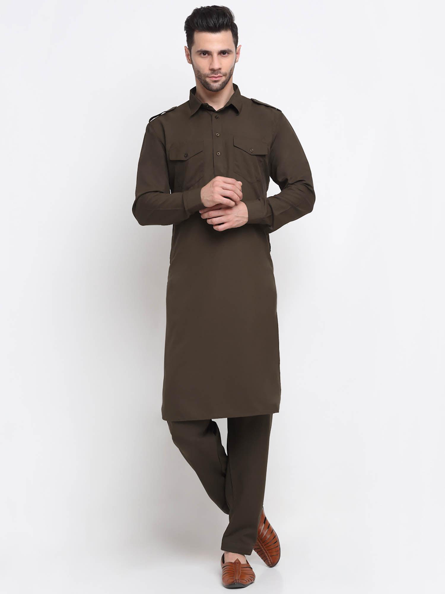 men cotton brown pathani kurta with trousers (set of 2)
