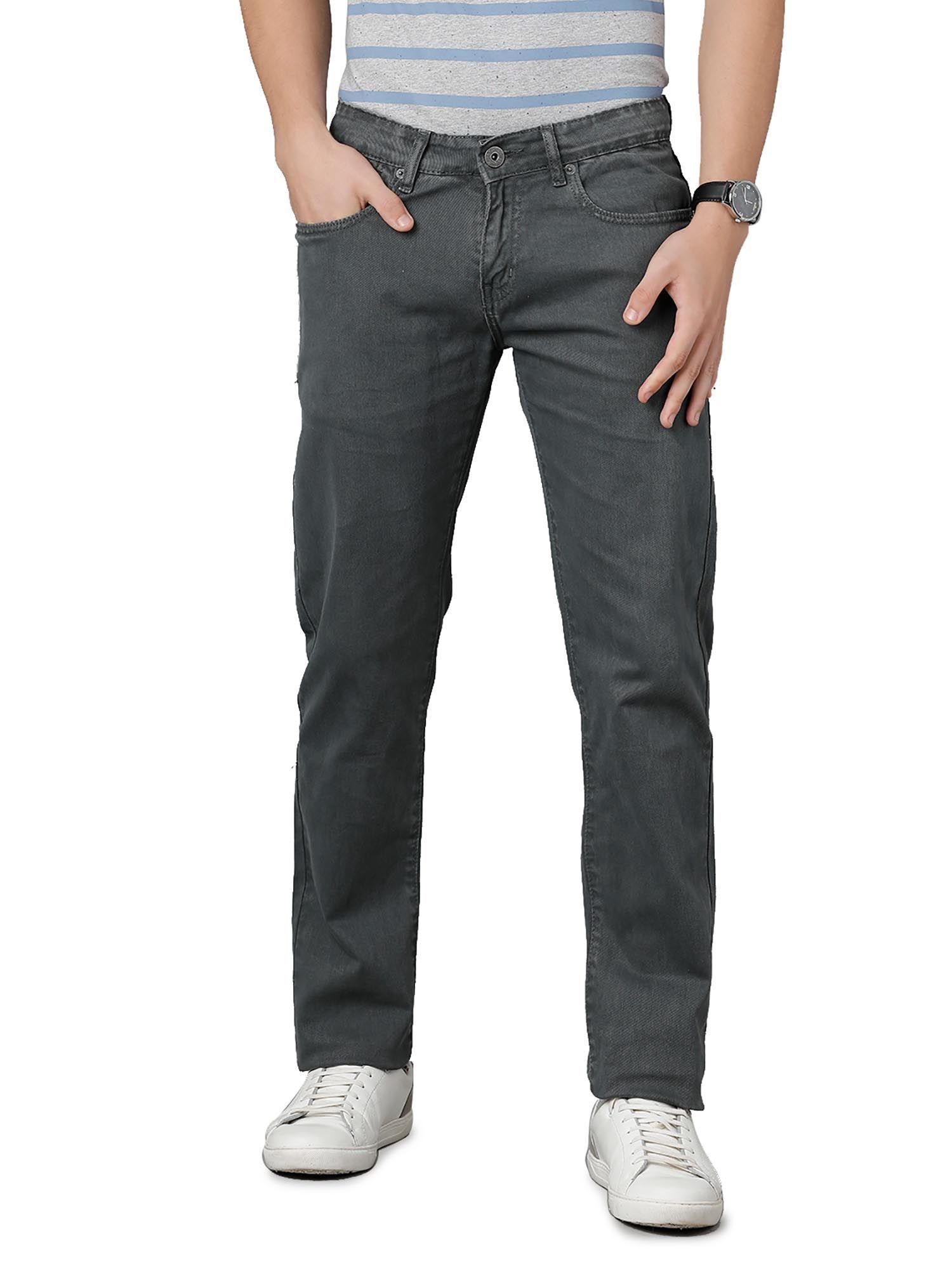 men cotton solid slim fit dark grey colour denim