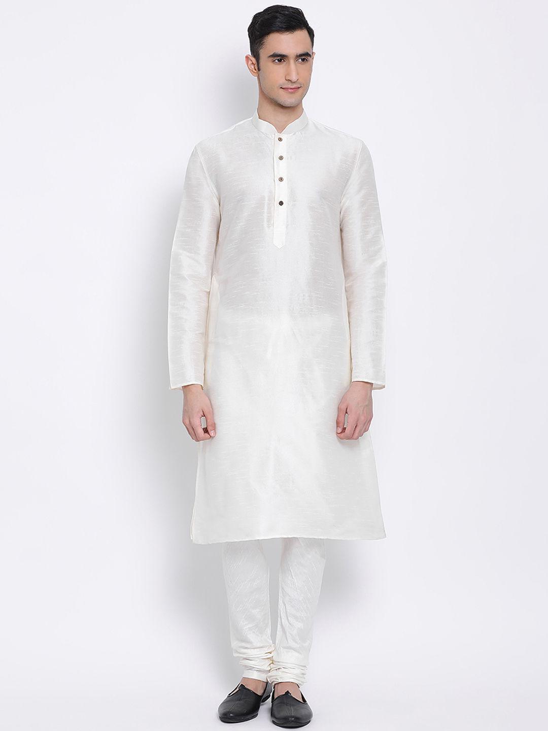 men cream and cream color silk blend kurta and pyjama (set of 2)