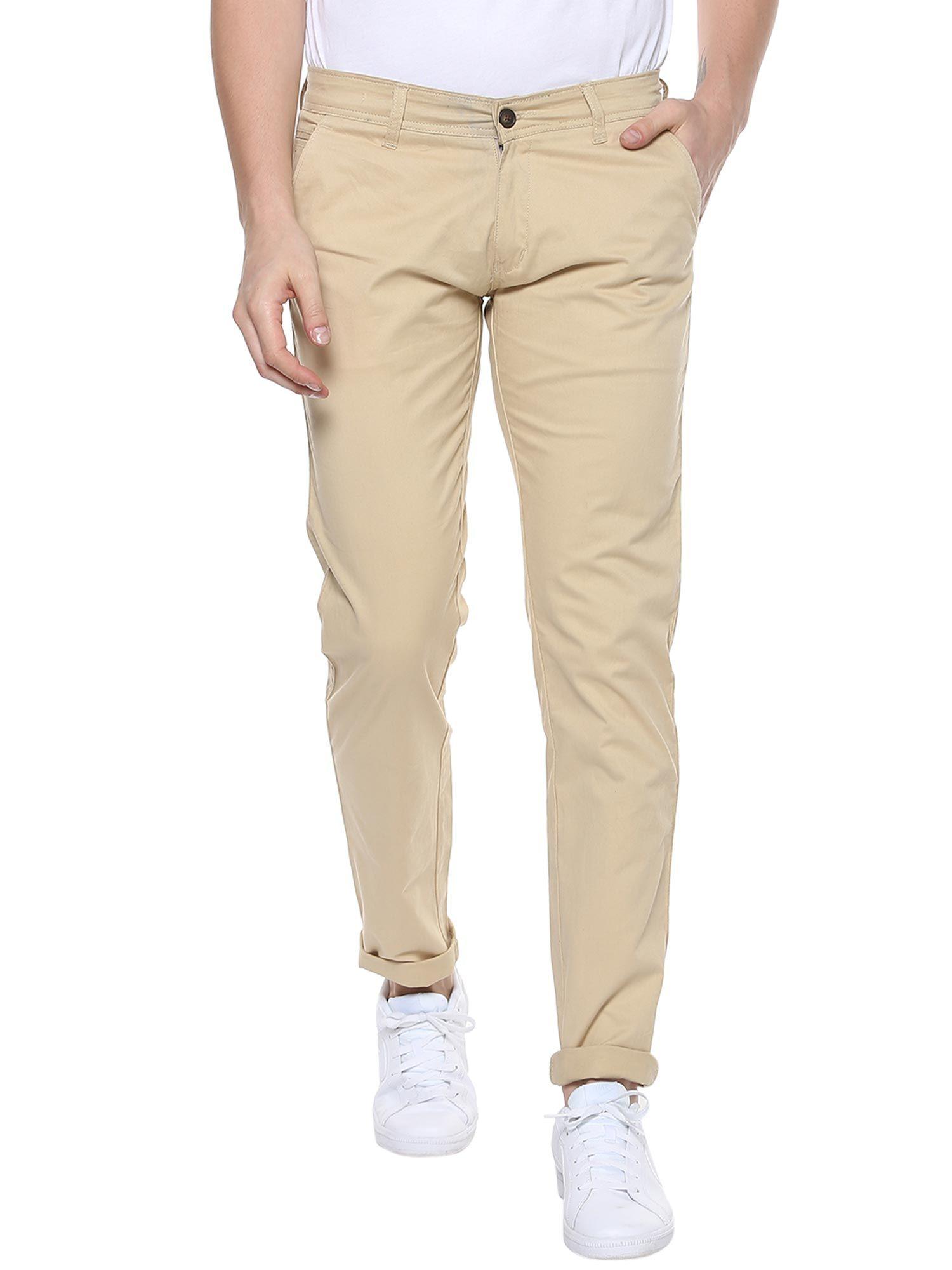 men cream cotton slim fit casual chinos trousers stretch