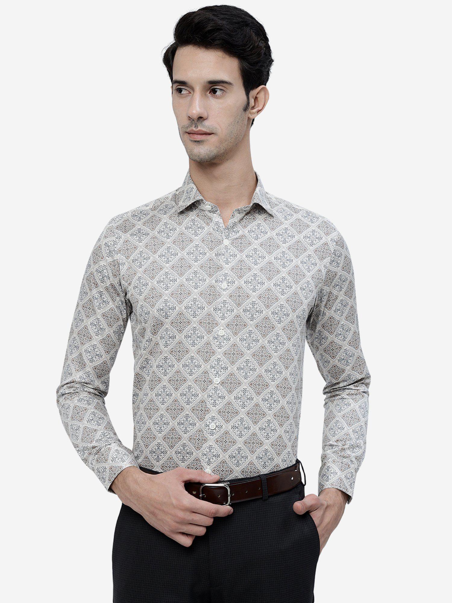 men cream cotton slim fit printed formal casual wear shirt