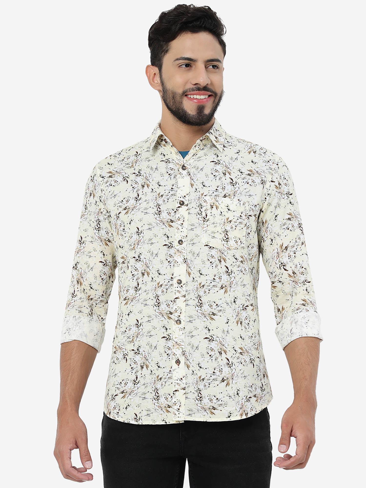 men cream cotton slim fit printed semi casual shirt