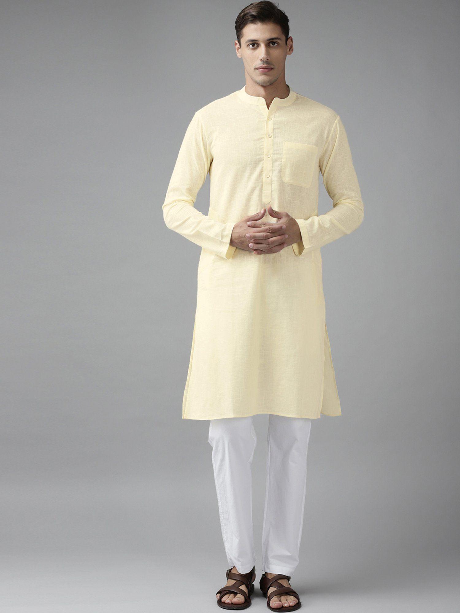 men cream cotton straight slub effect kurta & pyjama (set of 2)