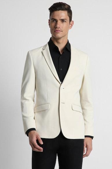 men cream textured slim fit formal blazer