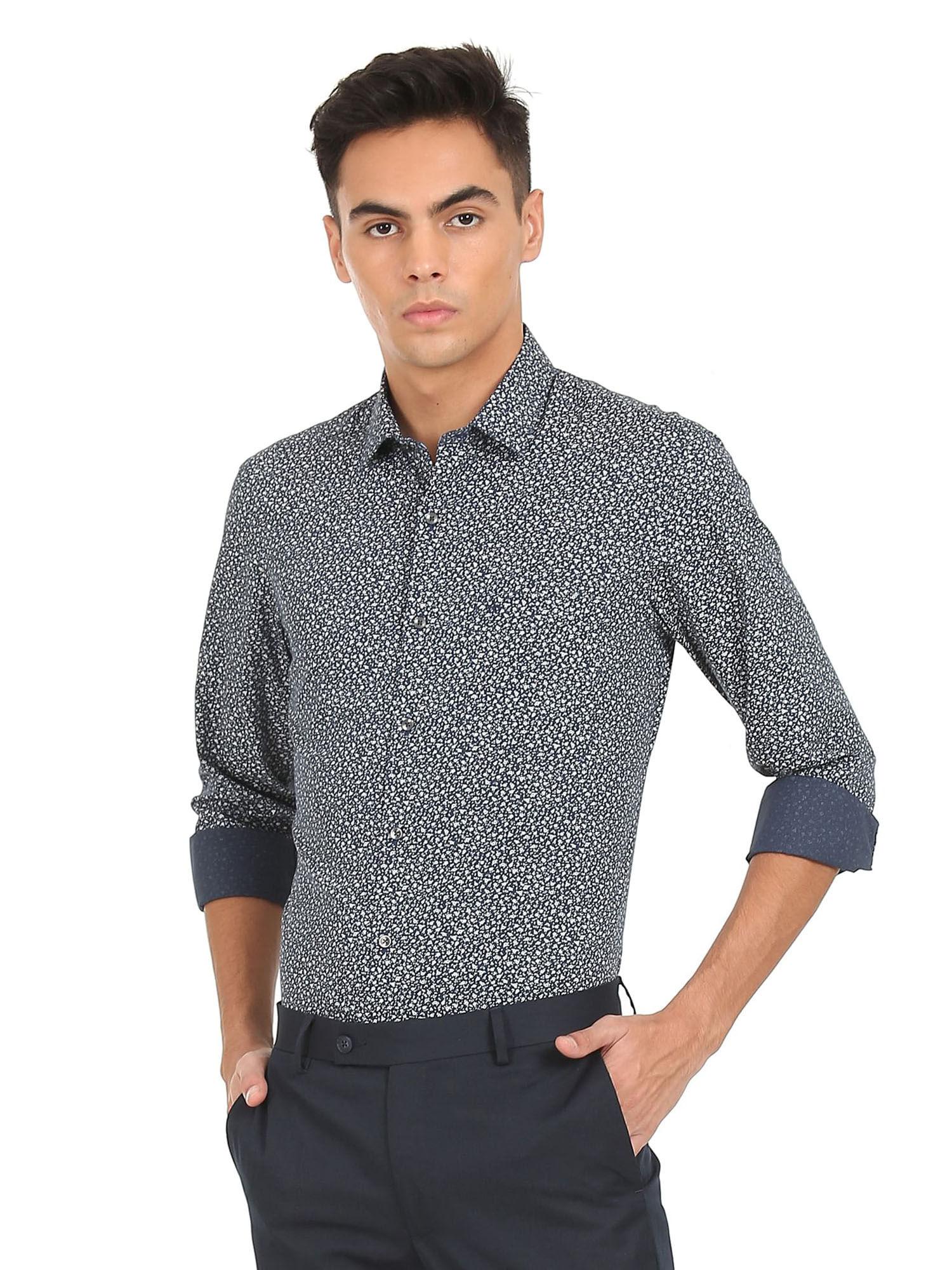 men dark blue and white printed formal shirt