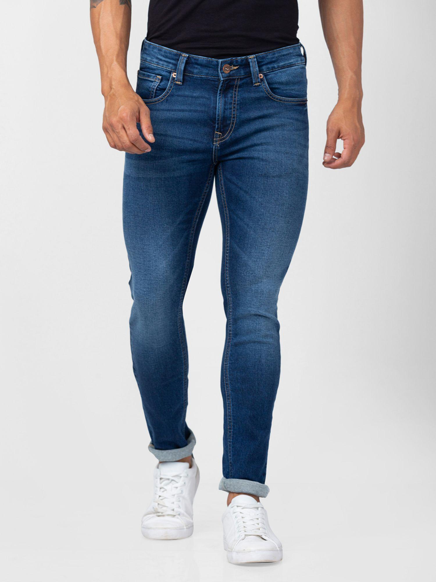 men dark blue cotton super slim fit tapered length jeans (super skinny)