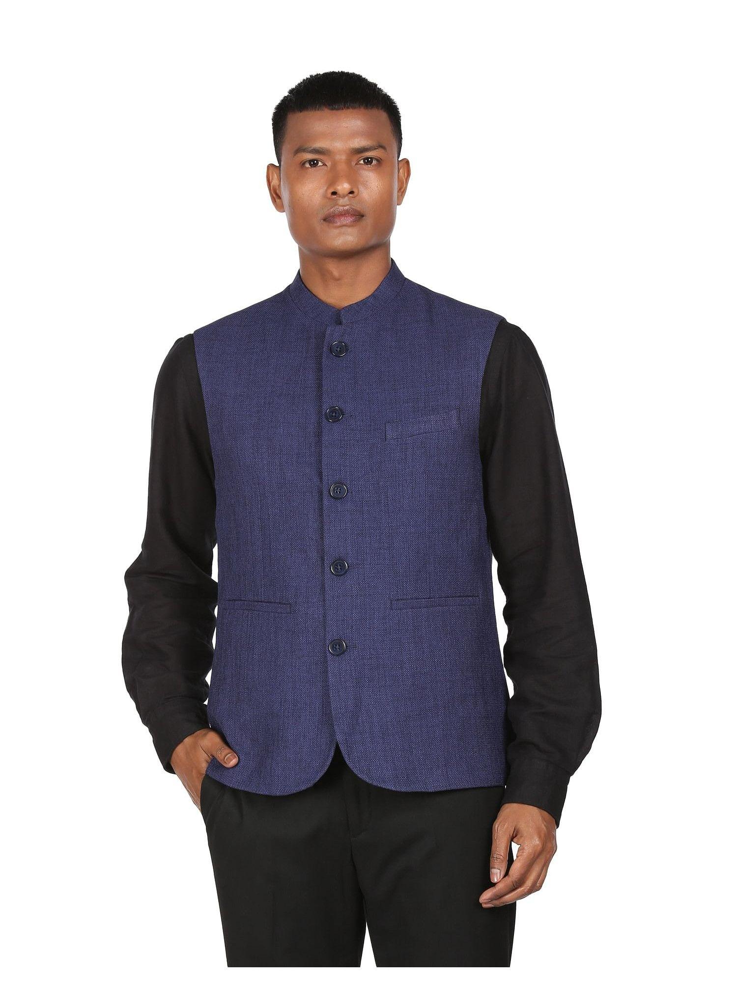 men dark blue mandarin collar textured nehru jacket