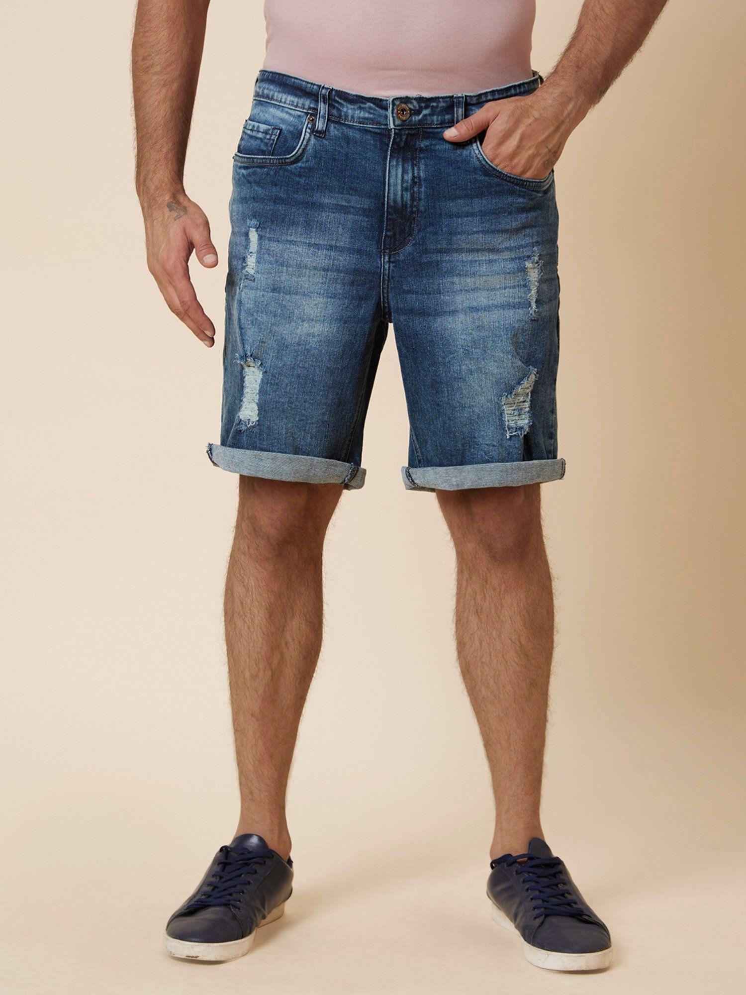 men dark blue regular fit denim shorts