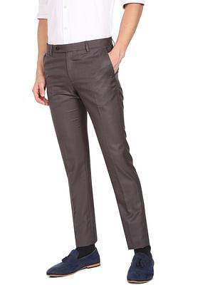 men dark brown mid rise flat front solid formal trousers