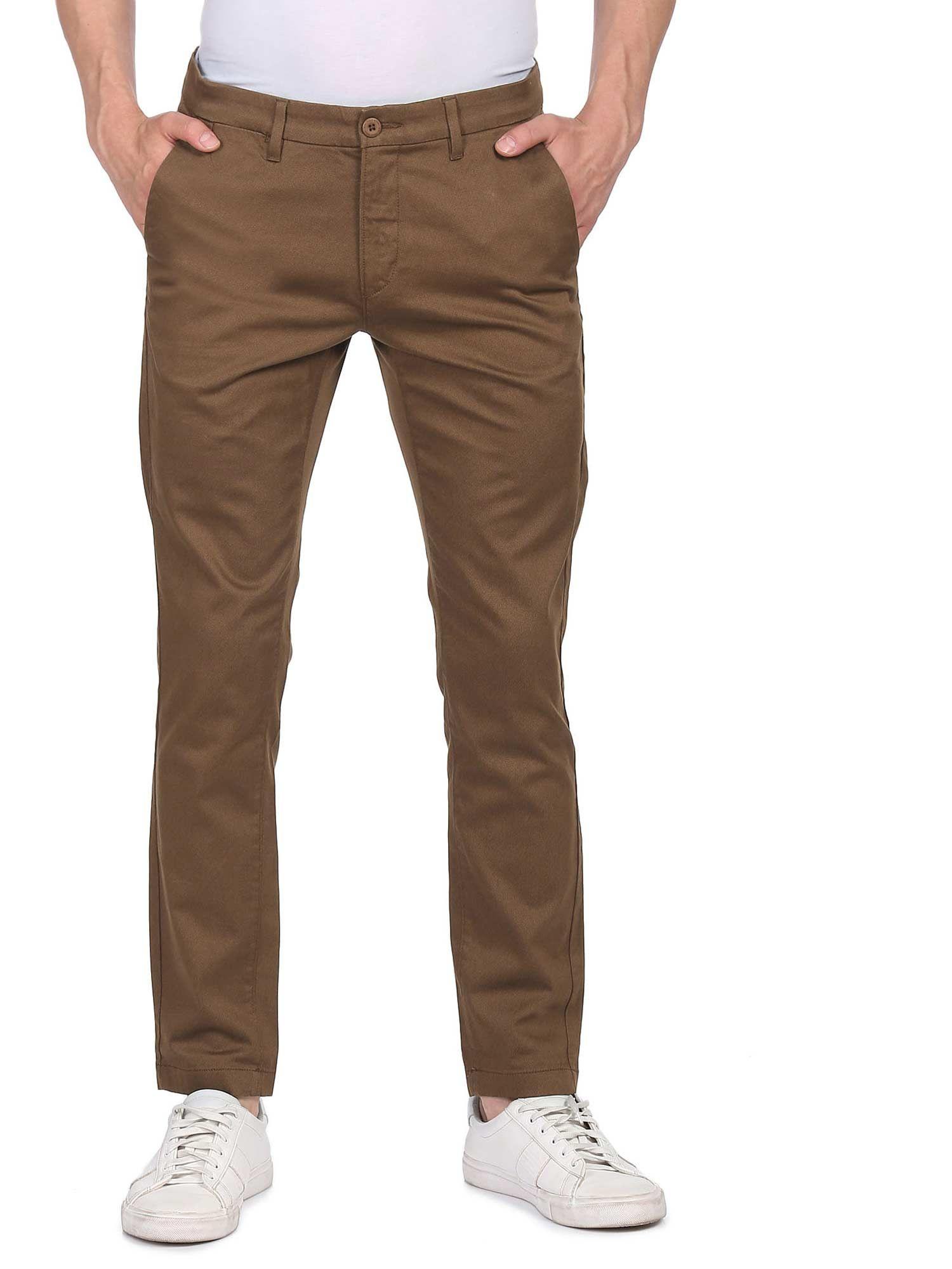 men dark brown regular fit printed casual trousers