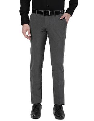 men dark grey mid rise heathered formal trousers