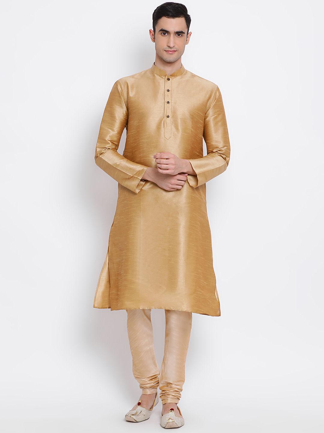 men deep beige and beige color silk blend kurta and pyjama (set of 2)