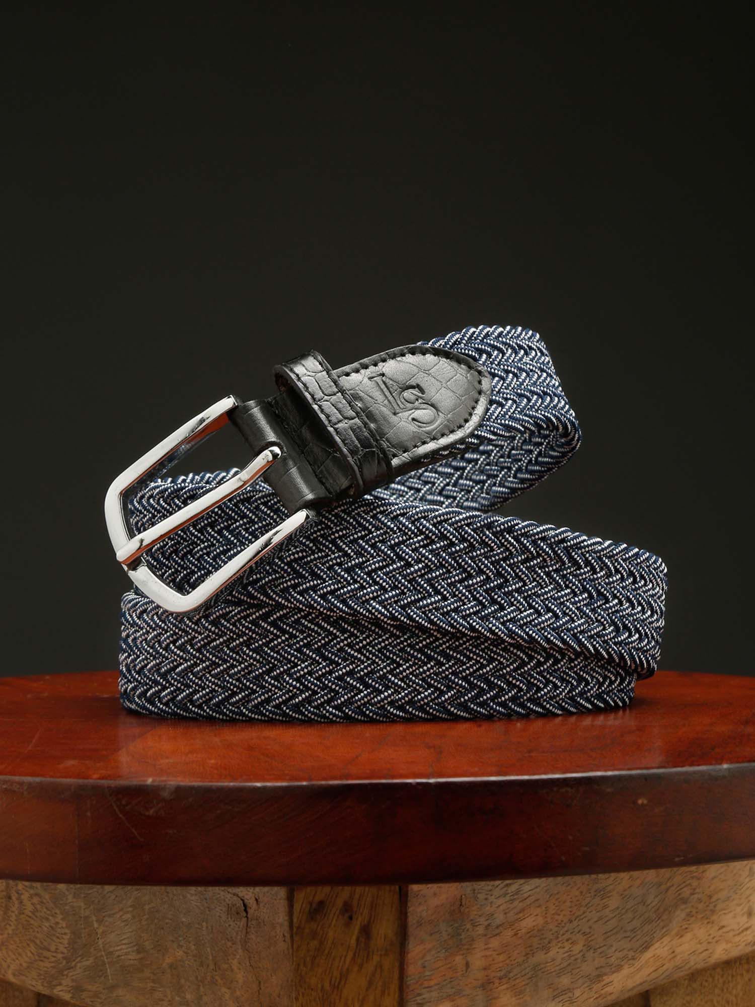 men denim blue braided elastic stretch belt with leather tipped end
