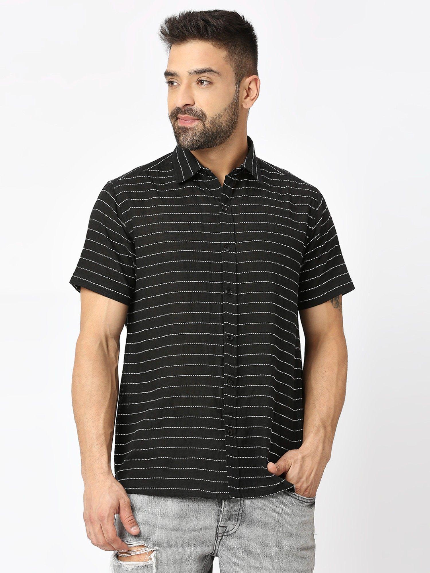 men embroidered half sleeves regular fit spread collar black shirt