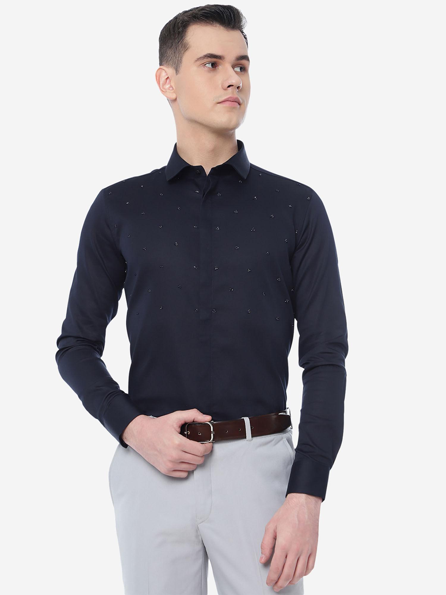 men embroidered navy blue cotton slim fit party wear shirt