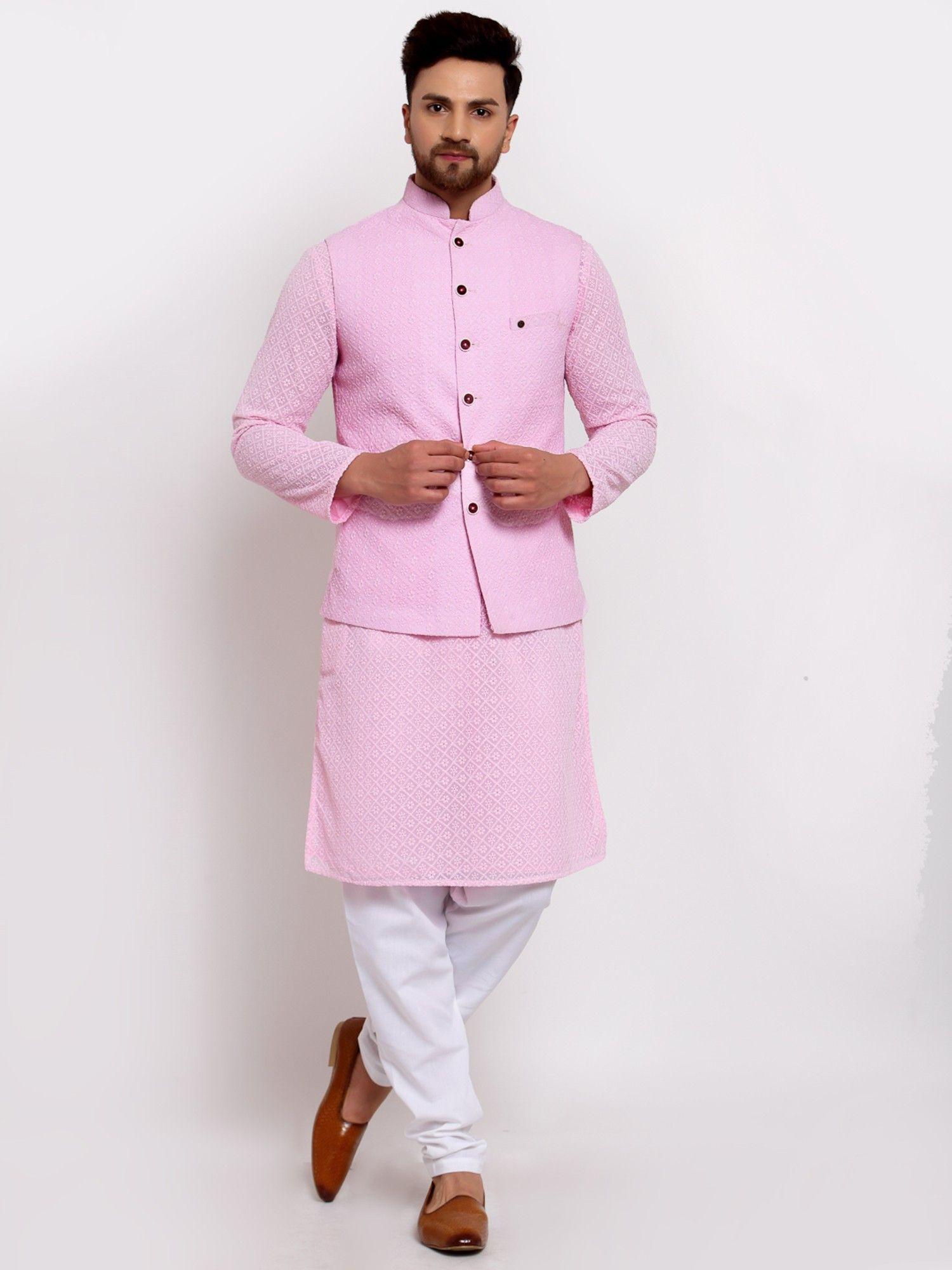 men georgette pink printed nehru jacket