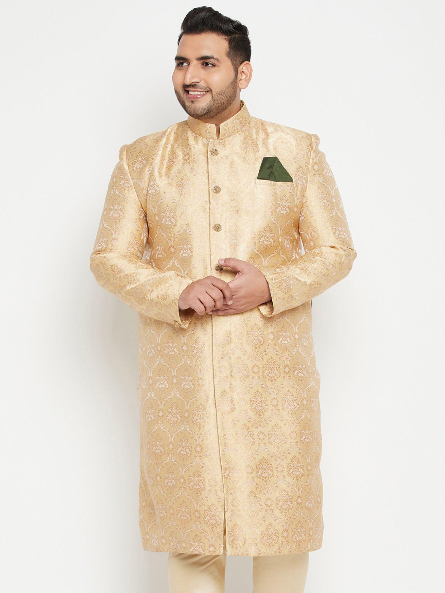 men gold silk blend sherwani top