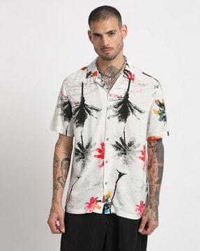 men graphic print regular fit shirt with cuban collar