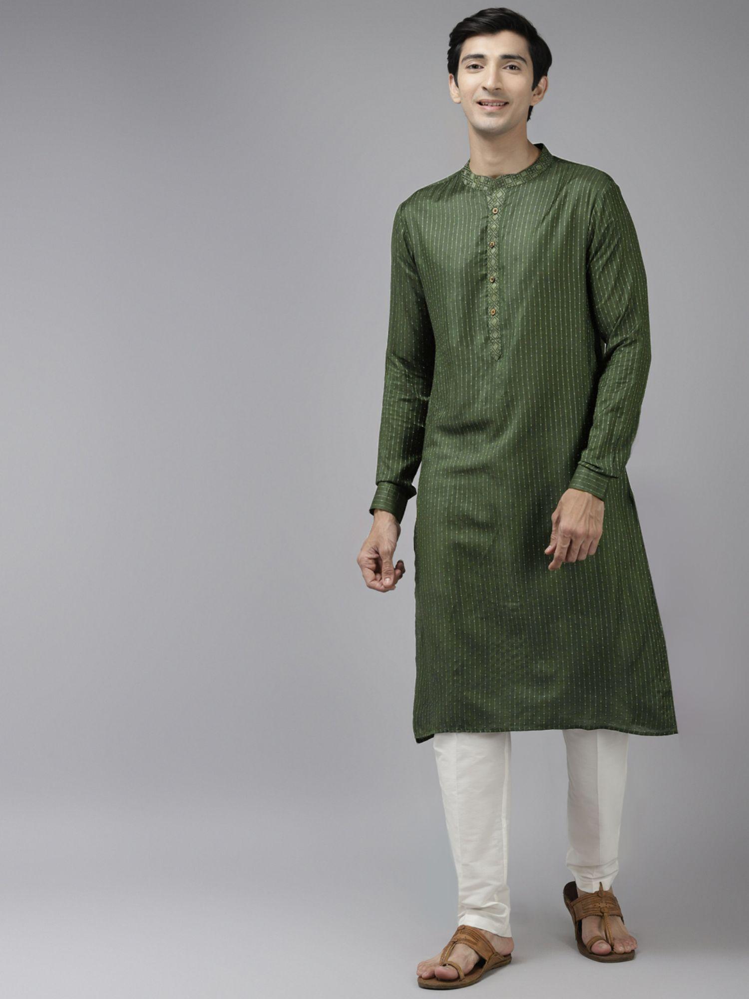 men green & beige woven design thread work kurta with pyjama (set of 2)